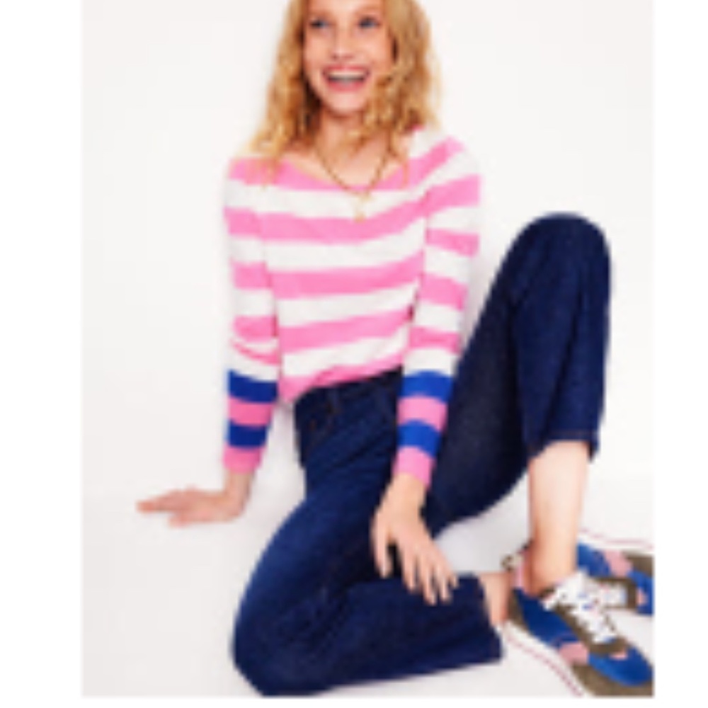 BODEN Ella Long Sleeve Breton-Pink Rose Gallery Blue Cuff